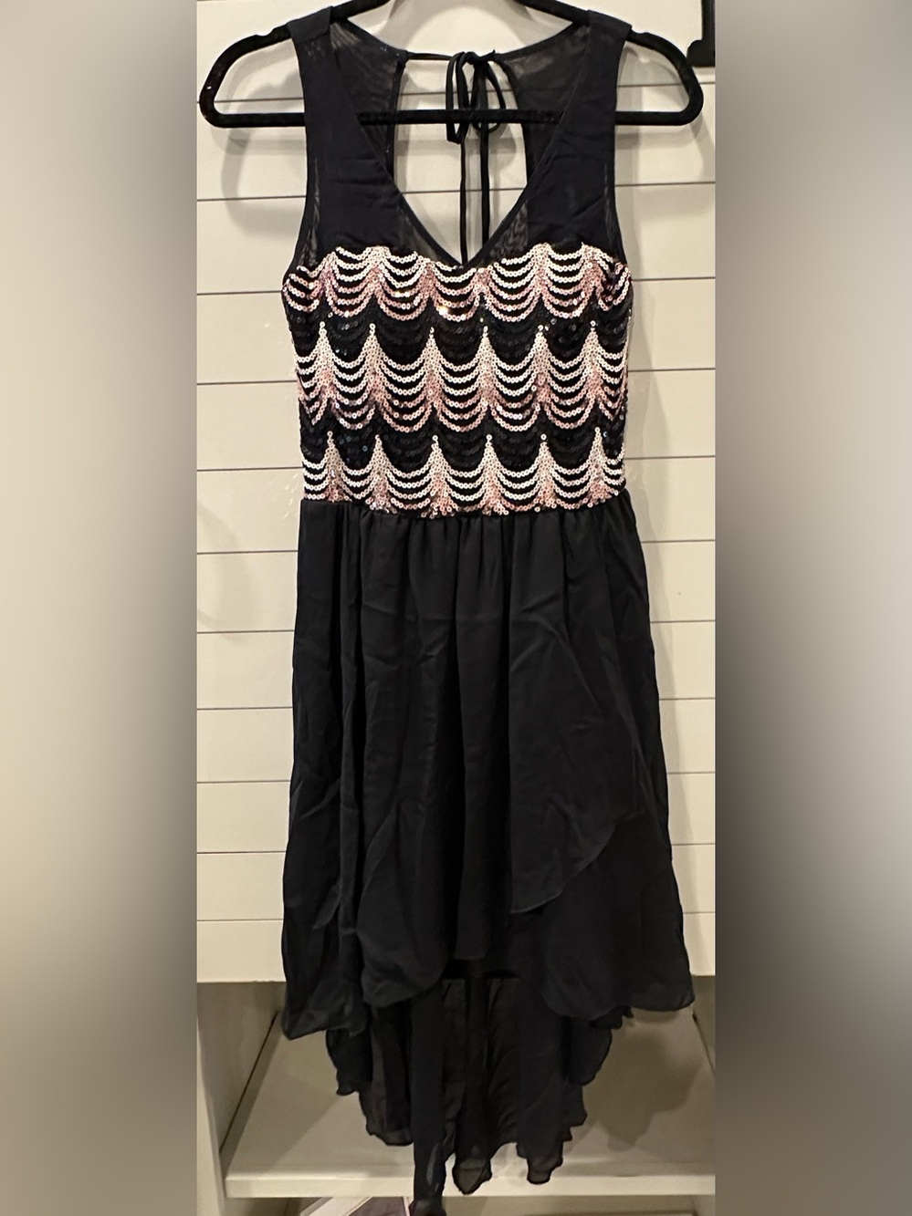 Black Chiffon Hi Lo Party Dress with Gold and Black Sequin Bodice Size Large